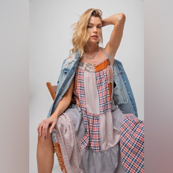 NWT Easel Boho Patchwork Maxi Dress Size M Linen Cotton Adjustable Festivals - Picture 13 of 15